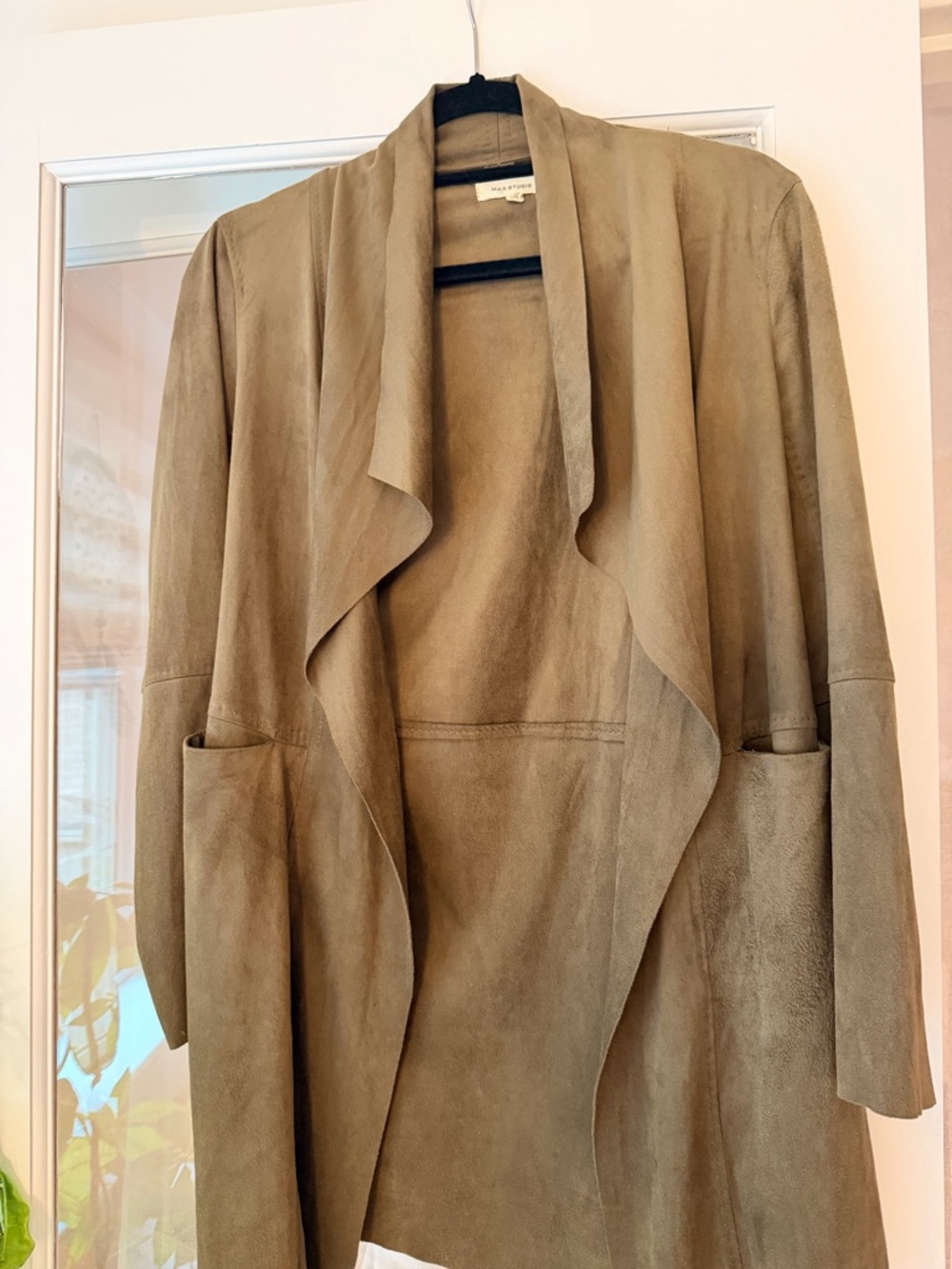 Max Studio Olive Suede Open-Front Trench Coat